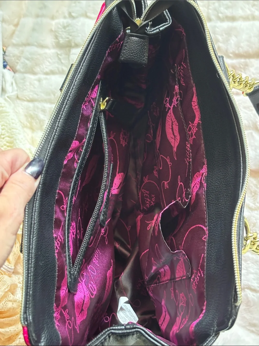 Betsey Johnson Black & Hot Pink Floral Appliqué Satchel